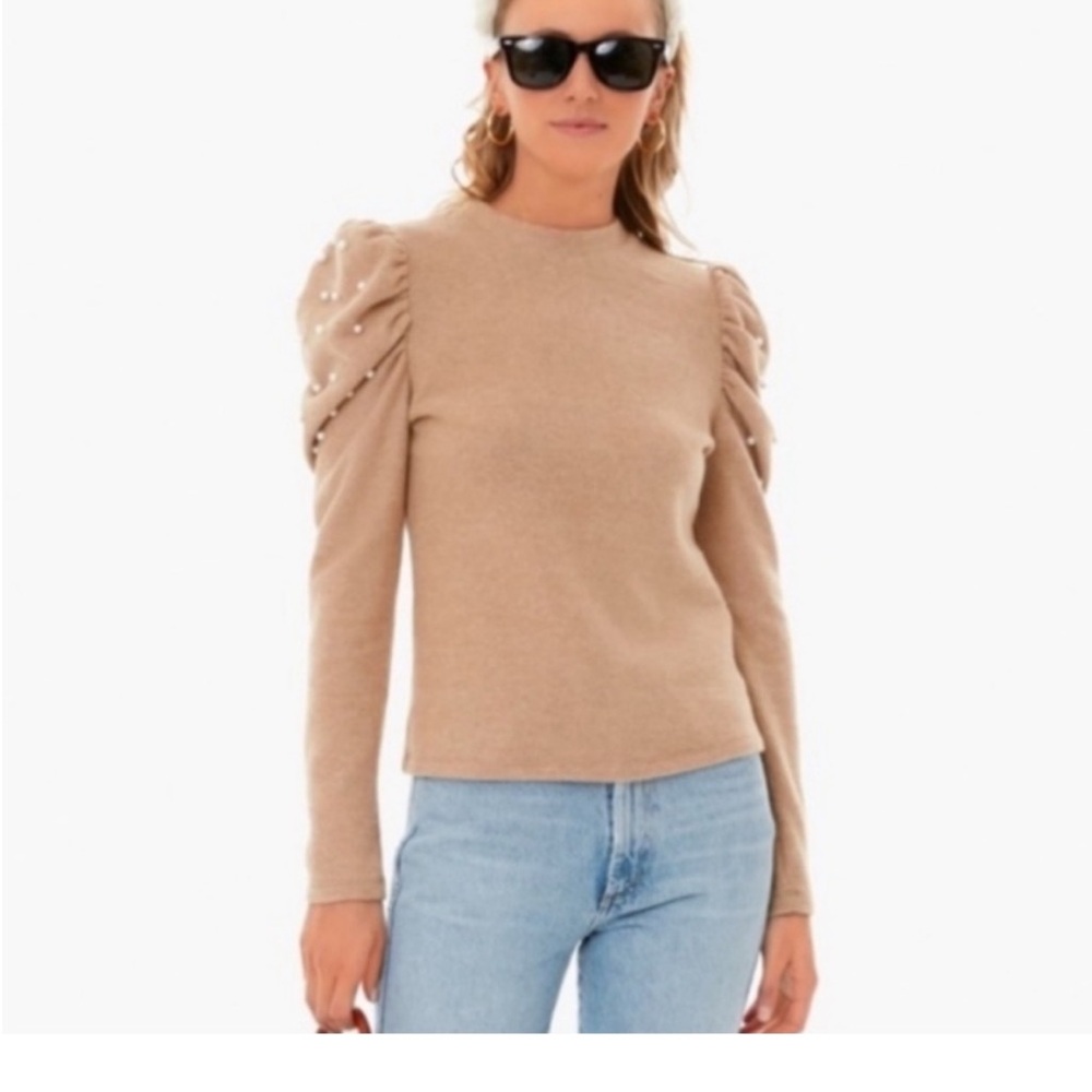 Pomander Place Beige Pearl-Accent Puff Sleeve Sweater